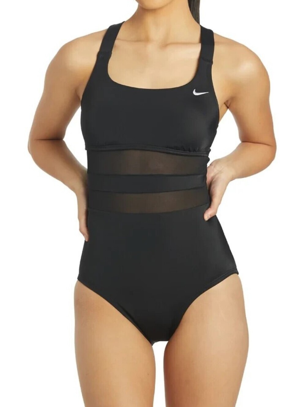 Nike Women’s Black One-Piece Swim Suit Mesh-Edge V-back..Size:XL